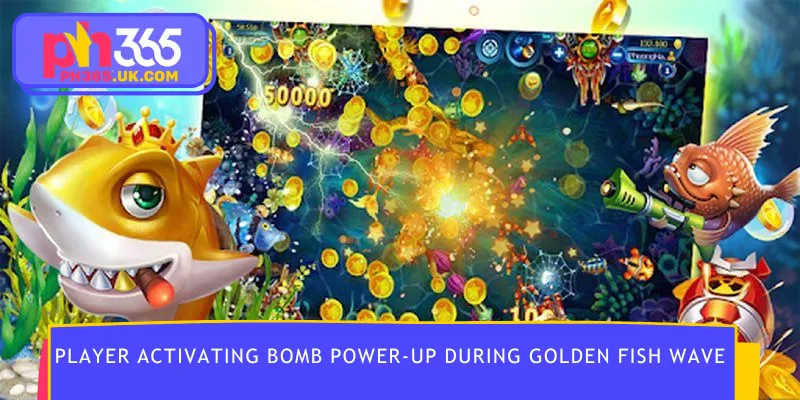 Player activating bomb power-up during golden fish wave