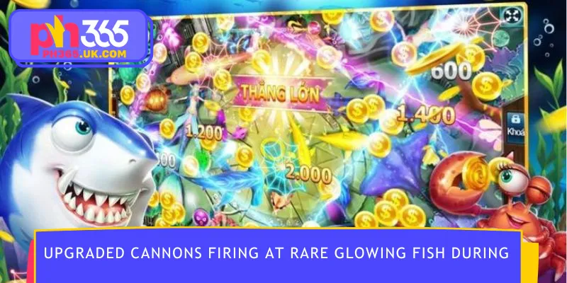 Upgraded cannons firing at rare glowing fish during bonus play