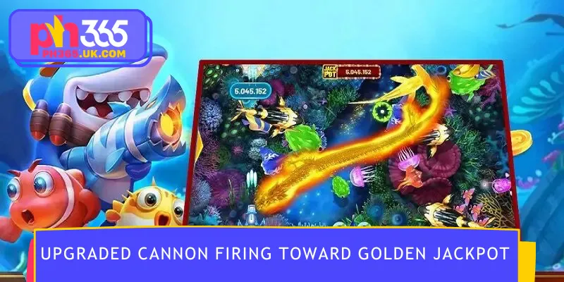 Upgraded cannon firing toward golden jackpot fish underwater