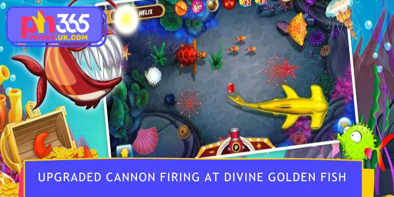 Upgraded cannon firing at divine golden fish during a bonus event